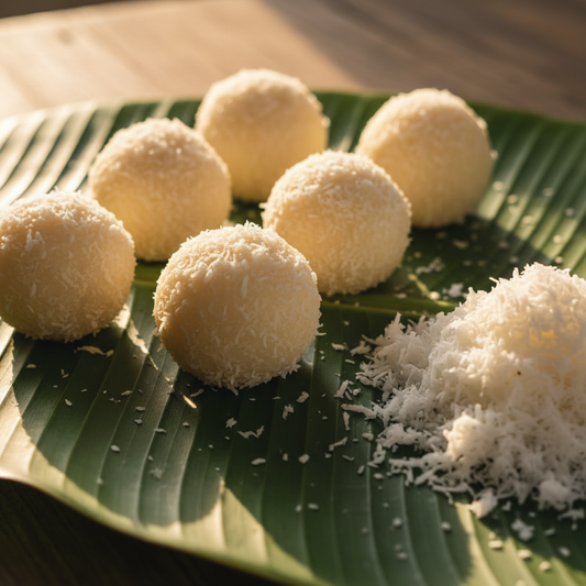 Homemade Coconut Laddu – soft white coconut rounds on a banana leaf