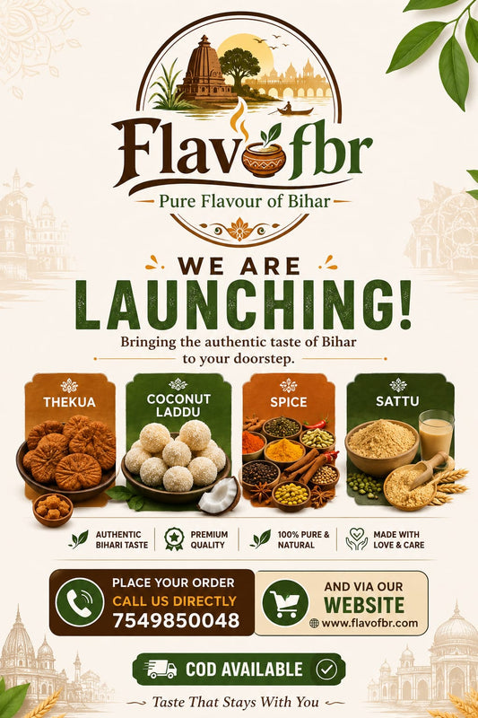 FlavoFBR Launch Poster — Pure Flavour of Bihar featuring Thekua, Coconut Laddu, Spice, and Sattu