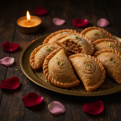 Homemade Gujiya – golden flaky festive Indian sweet on a brass thali